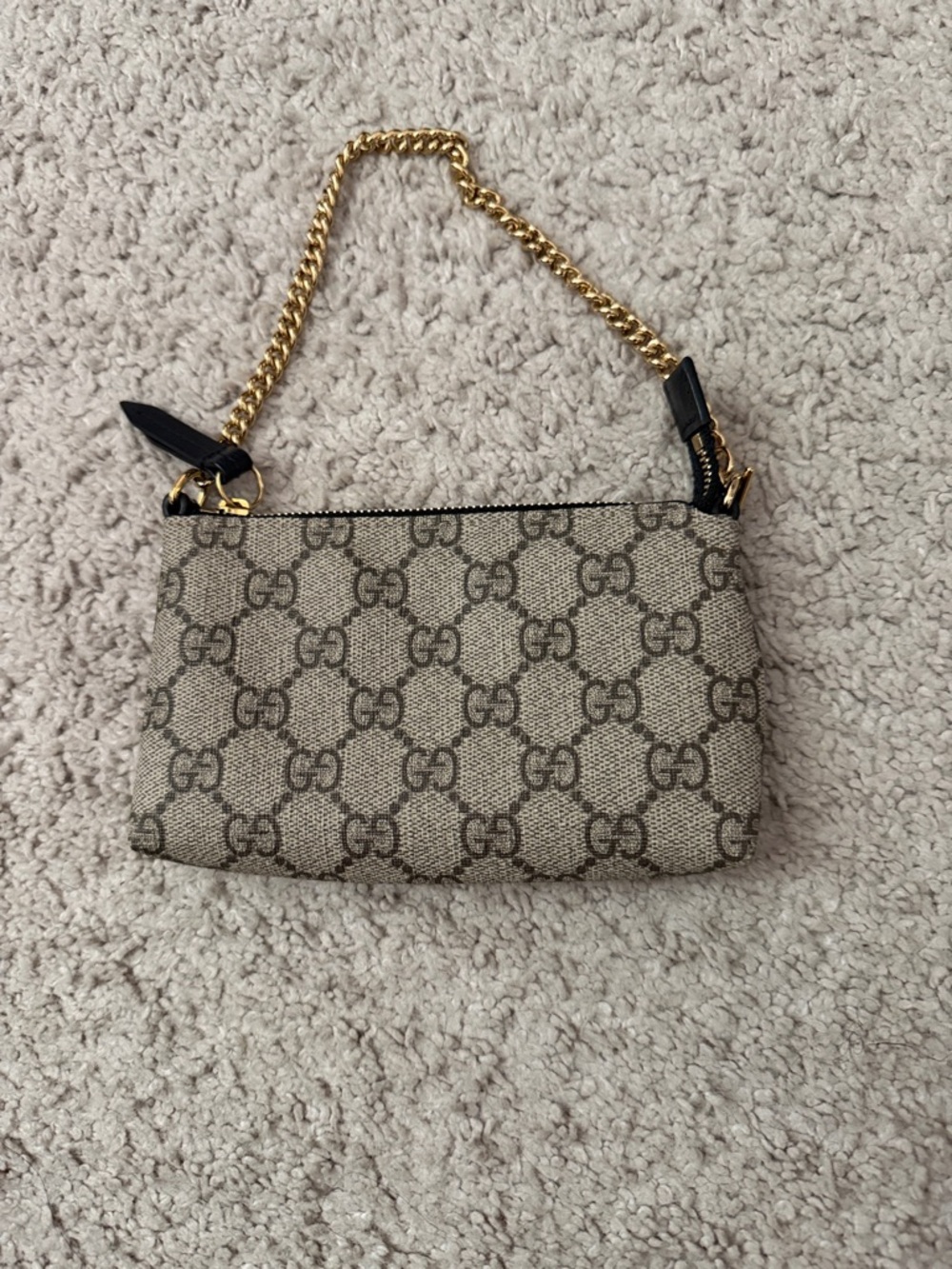Gucci Beige GG Supreme Mini Shoulder Bag with Gold Chain and Black Trim